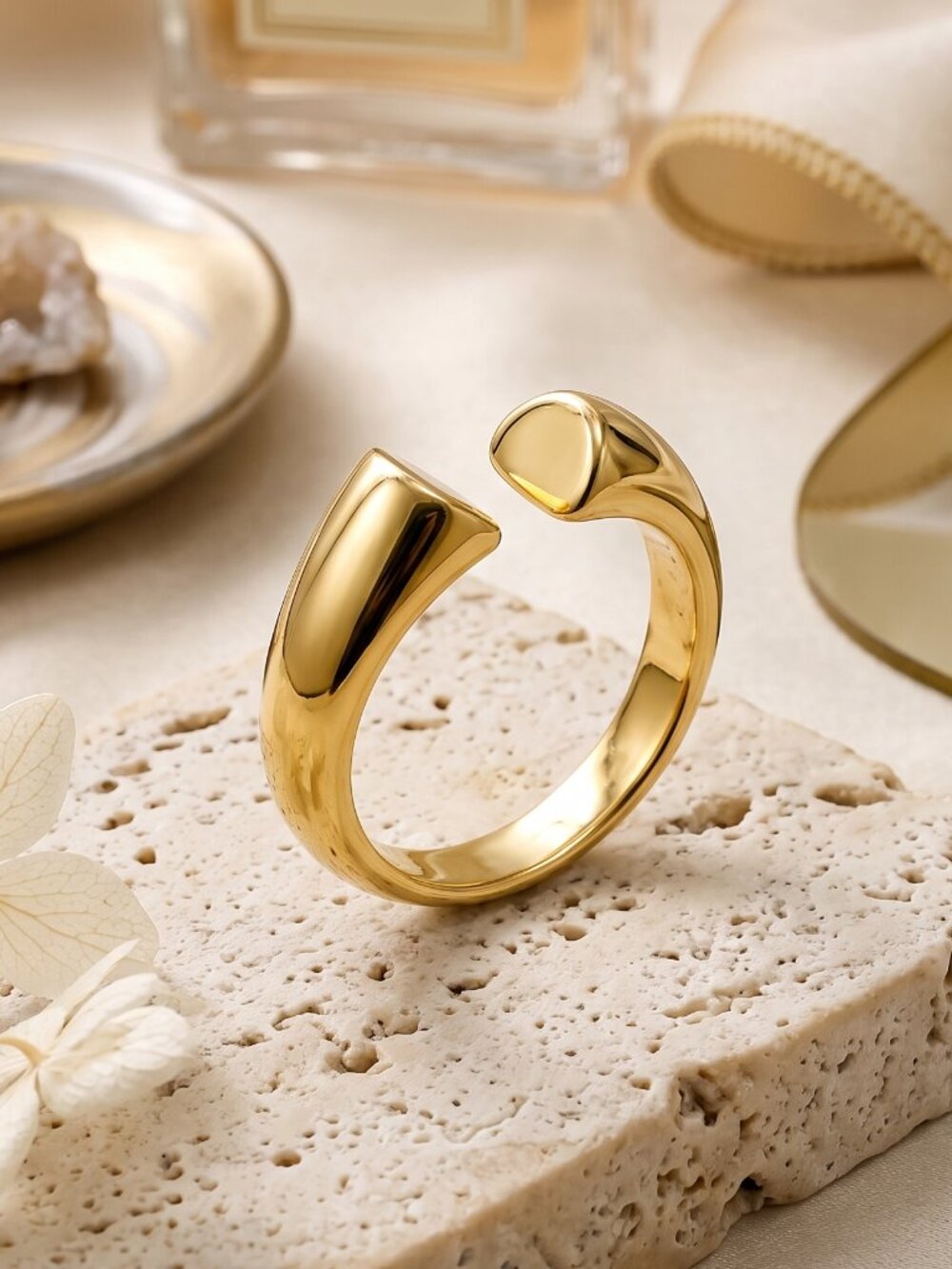 18K Gold Plated 316L Stainless Steel Dome Open Cuff Ring Adjustable Clean Girl